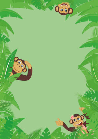 Frame from tropical leaf with three monkeys