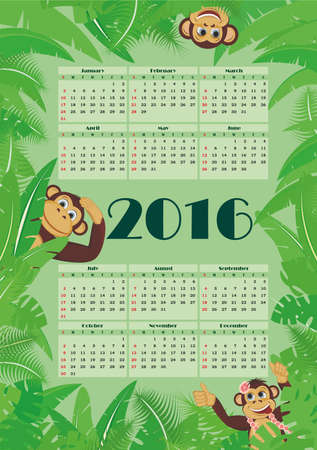 Calendar for 2016 amid tropical foliage and monkeysのイラスト素材