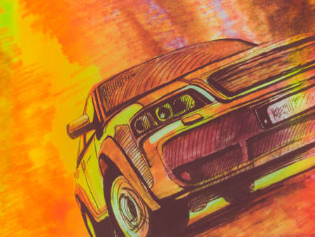 Unique graphics. Car on abstract background of orangeの写真素材