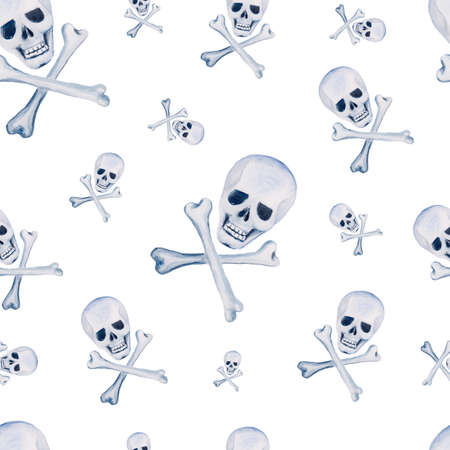 Watercolor seamless pattern with skull with bones on white background for Halloween. Halloween patterns can be used for scrapbook, paper, textile print, party decoration.の写真素材