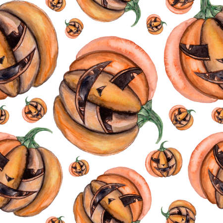 Seamless watercolor Halloween Pattern with Pumpkins. Halloween patterns can be used for scrapbook, paper, textile print, party decoration.の写真素材