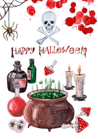 Happy halloween with pwith skull, bowler hat, bottles cartoon character. Halloween cards set with celebratory subjects. Watercolor illustrationの写真素材