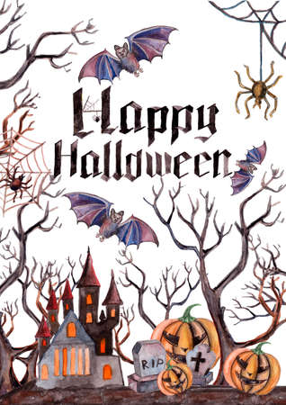 Happy Halloween. Cute cartoon spooky character. Smiling face, hands. Greeting card. Watercolor illustrationの写真素材