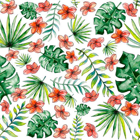 A seamless pattern with tropical flowers and leaves. Perfect for scrapbooking, gift wrapping, for prints on clothes. Hand-drawn watercolor on paper. Watercolor clipart tropical flowers, leaves.の写真素材