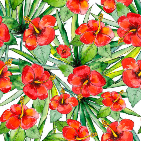 Beach cheerful seamless pattern wallpaper of tropical dark green leaves of palm trees and flowers on a white background / Realistic tropical botanical foliage plants. Set of tropical leaves and flowers: green palm neanta, monstera, hibiscus. Hand painted watercolor illustration isolated on white.の写真素材