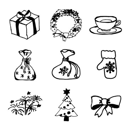 Vector illustration doodles, thin line art sketch icons style concept. New Year's decor, traditions. Pattern Christmas wreath, Christmas tree, bow, salute, gift box, gift bag, tea Cup, mitten.のイラスト素材