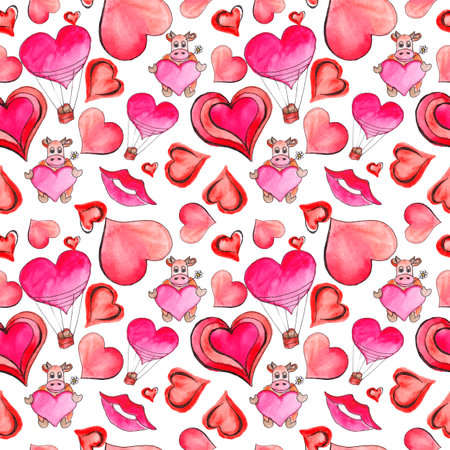 Valentine's day watercolor elements background. Valentine's day seamless pattern with hearts, heart, lips, bull in love. Watercolor Valentine's day repeated pattern.の写真素材