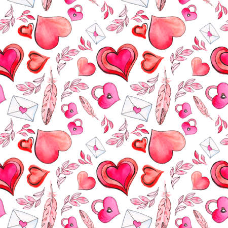 Valentine's day seamless pattern with hearts, heart, love letter, pen, heart lock. Watercolor Valentine's day watercolor illustration symbolsの写真素材