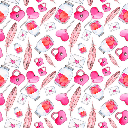Valentine's day seamless pattern with hearts, heart, love letter, love letter, pen, heart lock, jar of hearts, lollipop heart, heart lock. Watercolor Valentine's day watercolor illustration symbolsの写真素材
