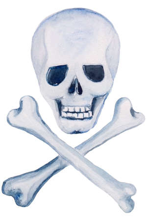Watercolor hand drawn Halloween illustration with skull with bones. Decoration for menu or postcard and poster for happy halloween's day. Halloween flying icon isolated on white backgroundの写真素材