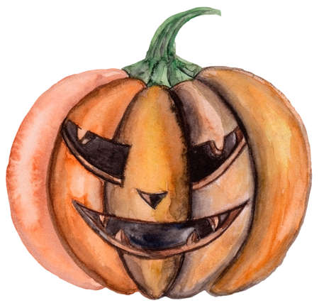 Watercolor hand drawn Halloween illustration with pumpkin. Decoration for menu or postcard and poster for happy halloween's day. Halloween flying icon isolated on white backgroundの写真素材