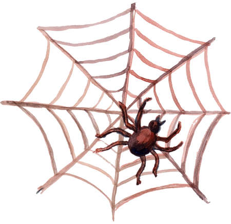 Watercolor hand drawn Halloween illustration with spider on the web. Decoration for menu or postcard and poster for happy halloween's day. Halloween flying icon isolated on white backgroundの写真素材