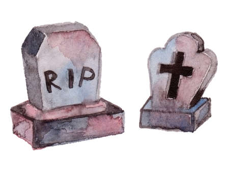 Watercolor hand drawn Halloween illustration with Gravestone. Decoration for menu or postcard and poster for happy halloween's day. Halloween flying icon isolated on white backgroundの写真素材