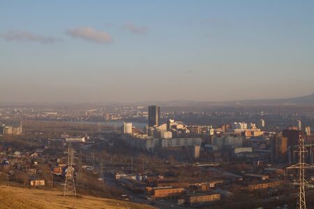 A view of the hills from the city of Krasnoyarskの写真素材