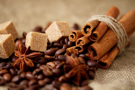 Still life of coffee beans, stars of anise, brown sugar and cinnamon sticksの写真素材
