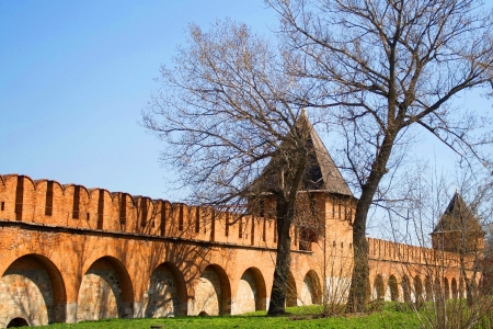 Brick wall and guard tower of the Tula Kremlinの写真素材