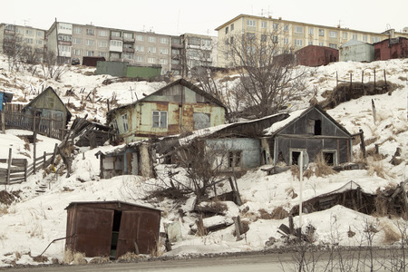 MAGADAN, RUSSIA - DECEMBER 22: Old Soviet barracks on the shores of the Sea of Okhotsk in Magadan on December 22, 2014 in Magadan.のeditorial素材