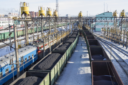 ULAN-UDE, RUSSIA - FEBRUARY 4: Rail cars loaded with coal on Fevruary 4, 2015 in Ulan-Ude.のeditorial素材