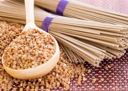 Wooden spoon about buckwheat and buckwheat noodlesの写真素材