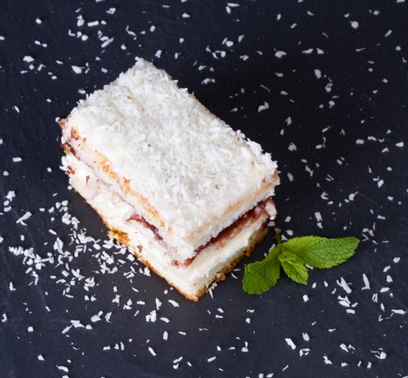 Cake with sprinkles of coconut and mint leaves