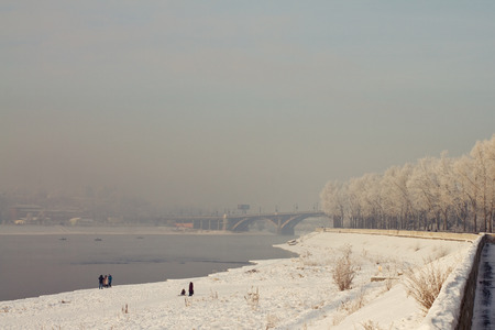 Quay of the Angara River in Irkutsk frosty dayのeditorial素材