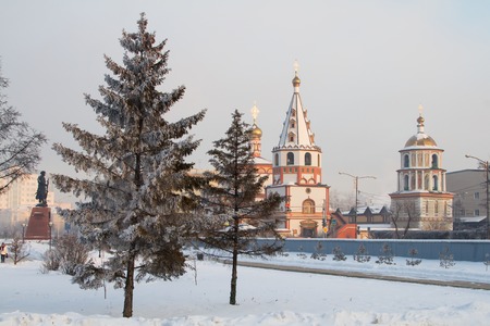 IRKUTSK, RUSSIA - JANUARY 07: Winter view of the Cathedral of the Epiphany on January 07, 2016 in Irkutsk.のeditorial素材