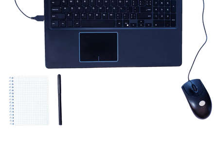 Laptop, notepad, pen, mouse. online educationの写真素材