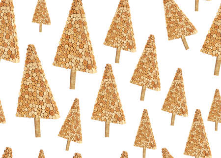 New Year seamless pattern. Isolated wooden Christmas trees on white backgroundの写真素材