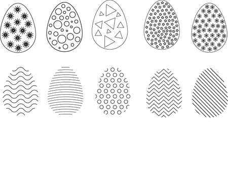 Easter eggs set with different patterns isolated on white background. Coloring page for childrens book, antistress painting.のイラスト素材