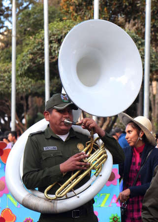 Sucre, Bolivia, July 19, 2018. Army musicians tour the main square in the old city.のeditorial素材