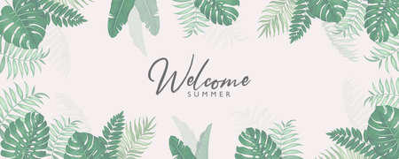Minimalist summer banner design with tropical leaves theme
