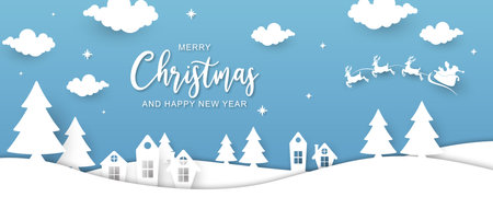 Christmas greeting and Santa Claus sleigh silhouette with paper style designのイラスト素材