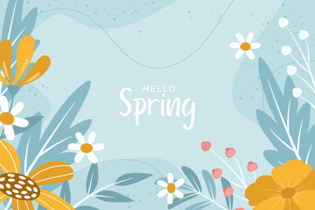 Hello spring card with flowers and leaves on blue background. Vector illustrationのイラスト素材