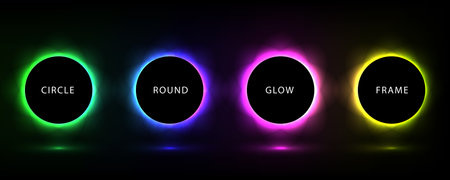 Set of neon circles with different colors and light effects. Vector illustrationのイラスト素材