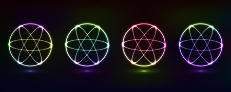 Glowing neon globe icon set. Vector illustration in neon style.のイラスト素材