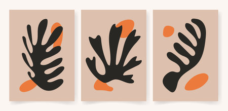 Abstract contemporary floral poster set. Botanical art  organic wavy shapes Matisse style modern print botanical element organic shapes. Vector illustrationのイラスト素材