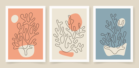 Abstract coral posters. Contemporary organic shapes minimalist in Matisse style, graphic vector illustrationのイラスト素材