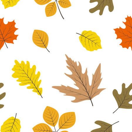 Autumn seamless pattern with doodle leaves for wallpaper, scrapbook, packaging, textile print, or wrapping paperのイラスト素材