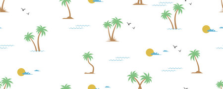 groovy palm tree beach sun sea seamless patternのイラスト素材