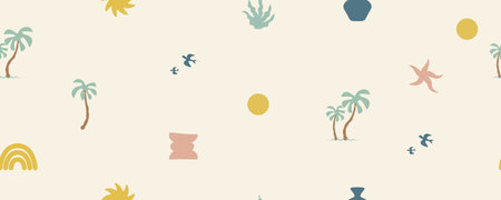 groovy palm tree beach sun sea seamless patternのイラスト素材