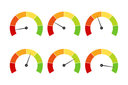 Collection of colorful scale gauges for customer satisfaction or credit score indicatorsのイラスト素材