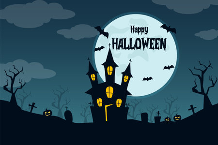 Halloween background with haunted house, pumpkins, bat, and death treeのイラスト素材