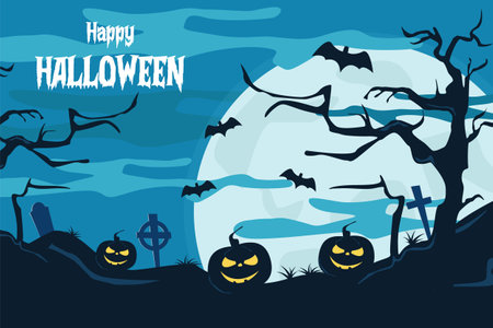 Halloween background with cemetary, pumpkin, death tree, and batsのイラスト素材