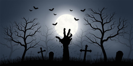Spooky Halloween background with a scary hand, cemetery, bats and tree of deathのイラスト素材