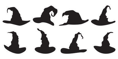 Collection of different black witch hats on white backgroundのイラスト素材