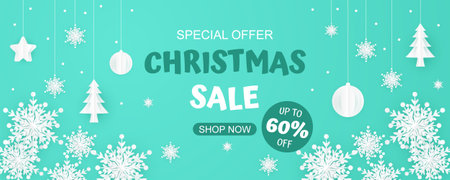 Modern holiday sale design with paper cutout Christmas decorationsのイラスト素材
