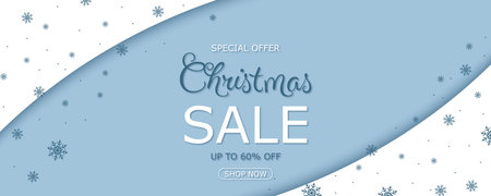 Minimalist Christmas sale banner design on blue background with snow flakesのイラスト素材