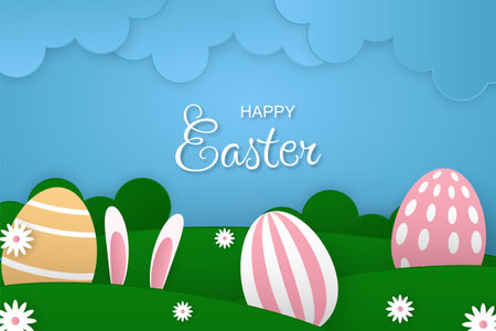 Easter background with cute Easter eggs in paper styleのイラスト素材