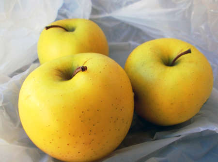 three yellow apples in the bagの写真素材