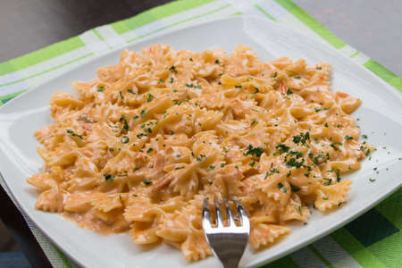 pasta,farfalle con salmoneの写真素材